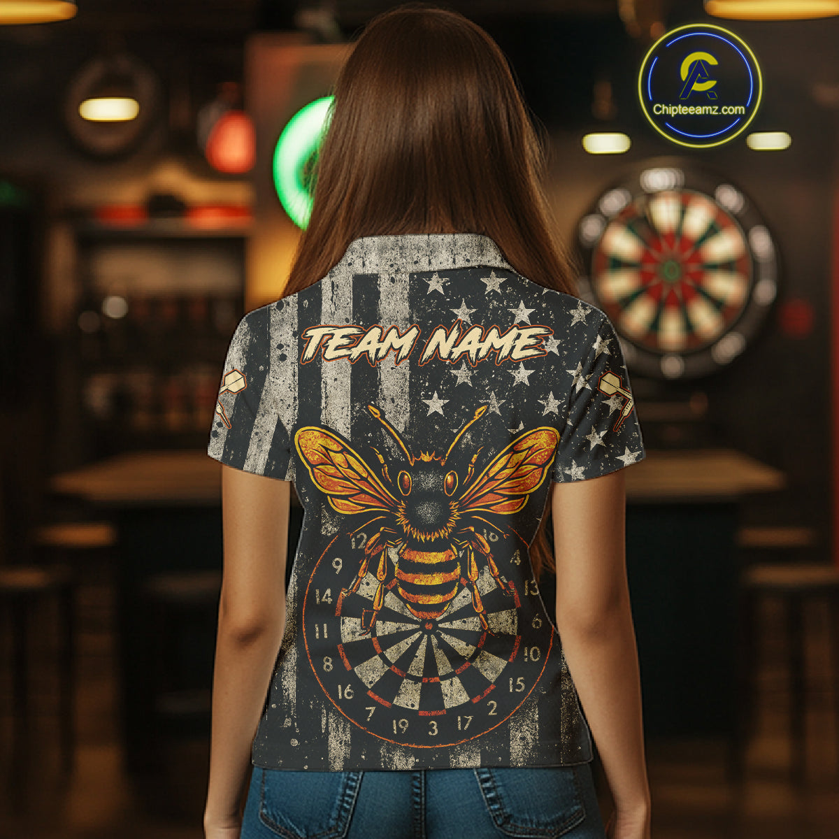Custom Bees Dartboard Patriotic Dart Polo Shirt For Women US Flag Grunge Dart Jersey NYN1360