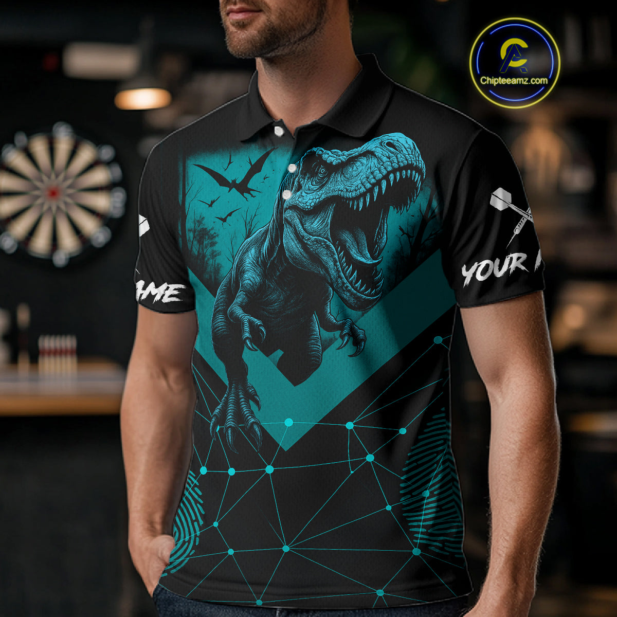 It's In My DNA Custom Turquoise Dinosaur Dart Polo Shirt For Men US Flag Dart Jerseys NYN1366