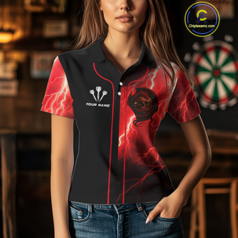 Maroon Dragon & Skull Thunder Lightning Women's Darts Shirt - Custom Name For Players NYN0503