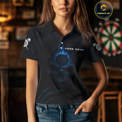 Blue Flaming Dartboard In Grim Reaper Women's Team Shirt - Custom Name For Darts Jersey NYN0514