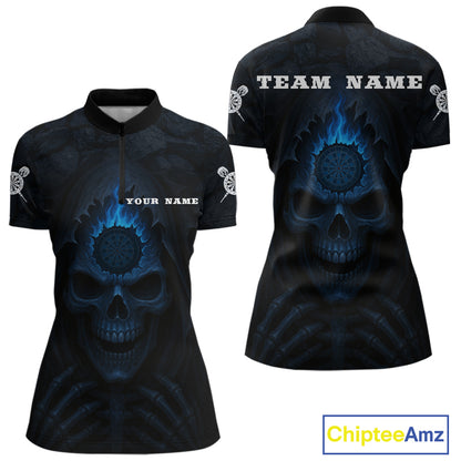 Blue Flaming Dartboard In Grim Reaper Women's Team Shirt - Custom Name For Darts Jersey NYN0514