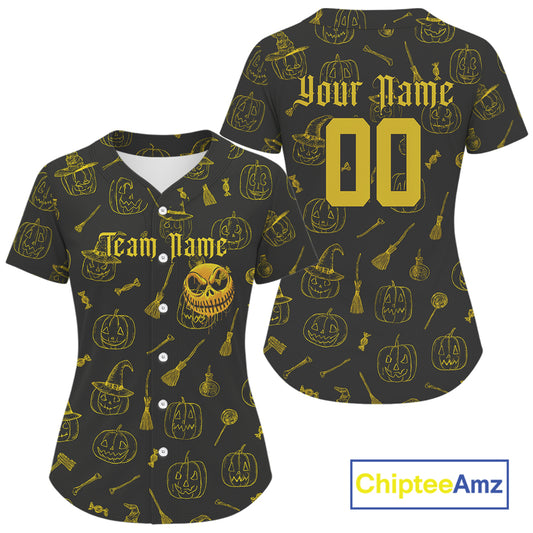 Custom Yellow Pumpkin Halloween Baseball Jersey For Women Funny Halloween Baseball Shirt NYN1008