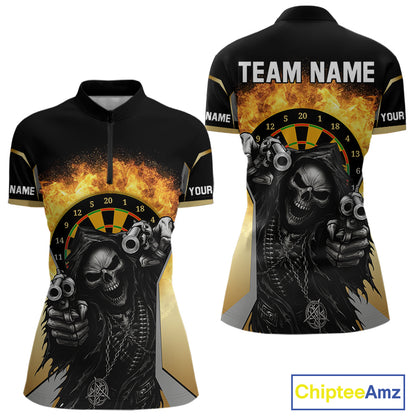Skeleton & Flame Dartboard Custom Darts Quarter-Zip Shirt For Women - Darts Team Jersey NYN0731
