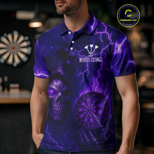 Load image into Gallery viewer, Personalized Purple Flames Skull Dartboard Darts Jersey Custom Men's Skull Darts Polo Shirt NYN1029