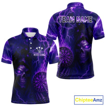 Load image into Gallery viewer, Personalized Purple Flames Skull Dartboard Darts Jersey Custom Men's Skull Darts Polo Shirt NYN1029