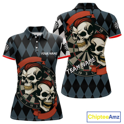 Red-Haired Skulls With Dartboard Women's Navy Darts Shirt - Custom Name For Players NYN0520