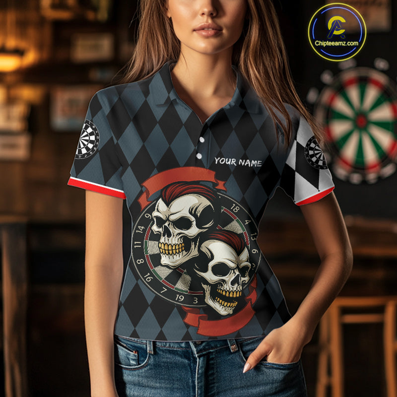 Red-Haired Skulls With Dartboard Women's Navy Darts Shirt - Custom Name For Players NYN0520