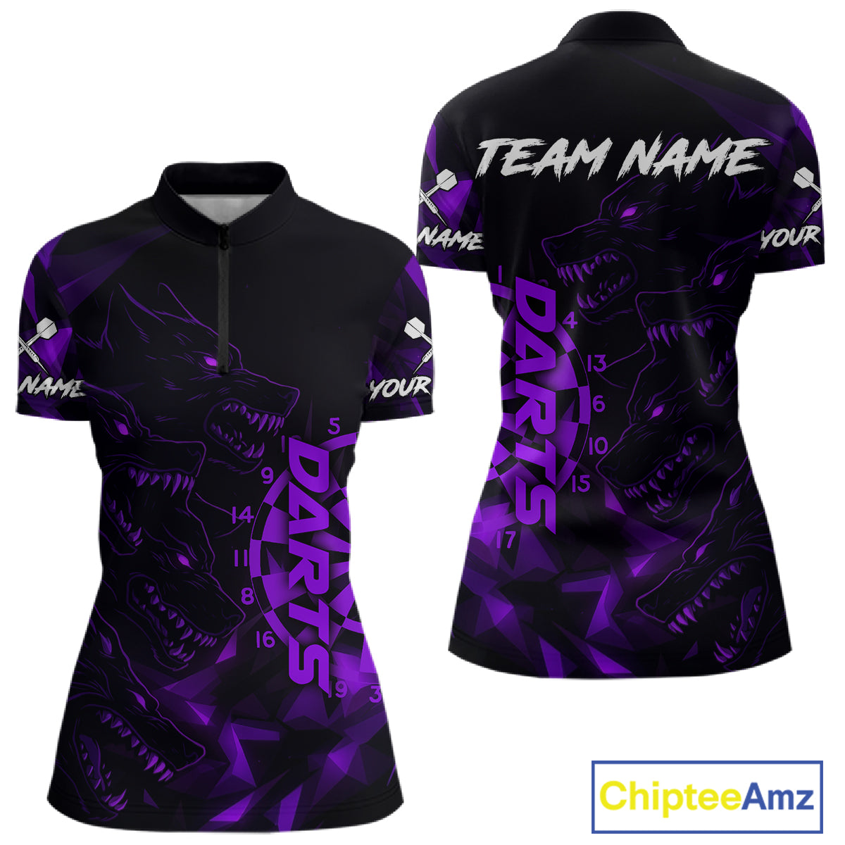 Custom Black And Purple Wolf Dartboard Dart 1/4-Zip Jersey For Women Outfits Dart Team Jerseys NYN1399