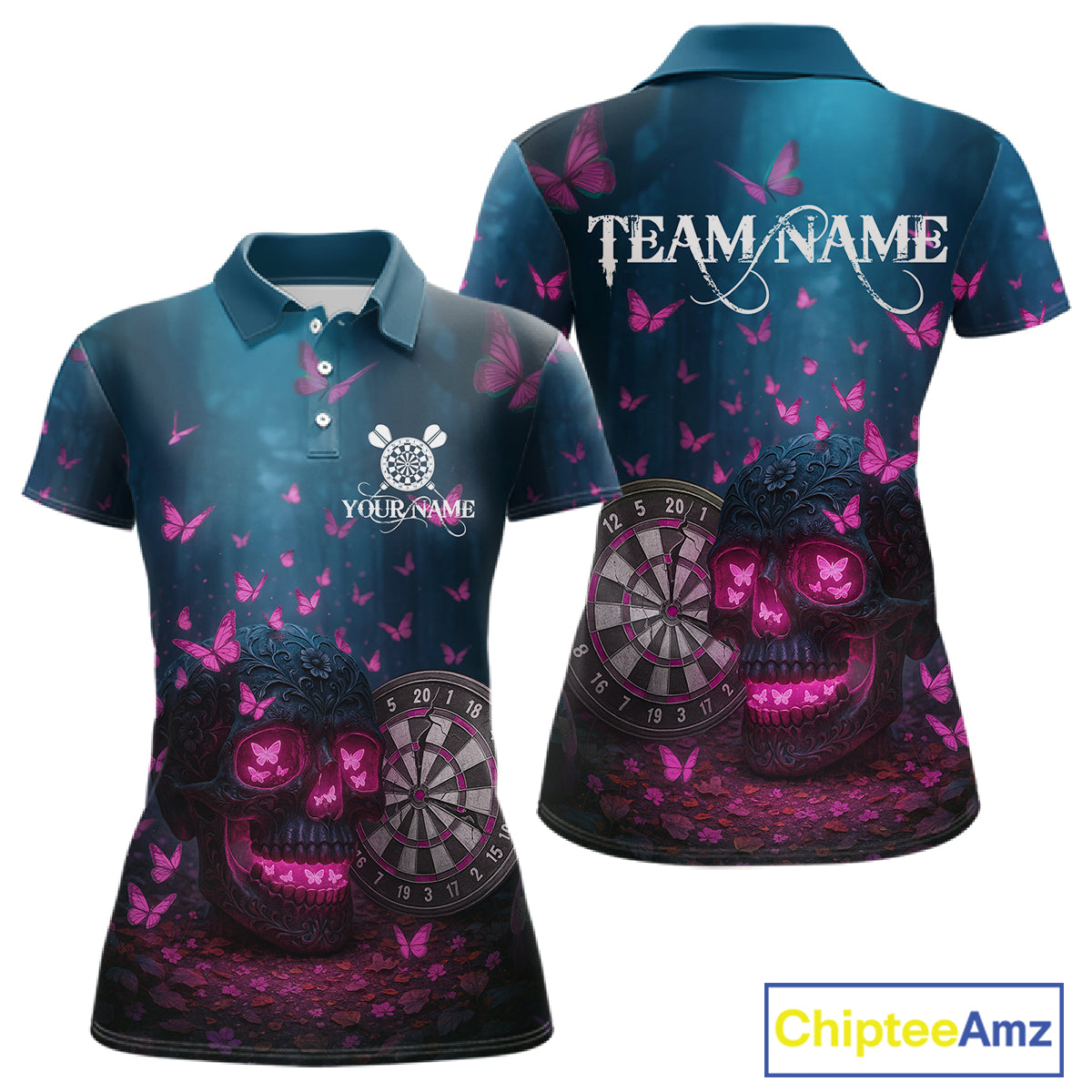 Custom Blue And Pink Butterflies Skull Dart Shirt For Women Romantic Darts Team Jerseys NYN1070