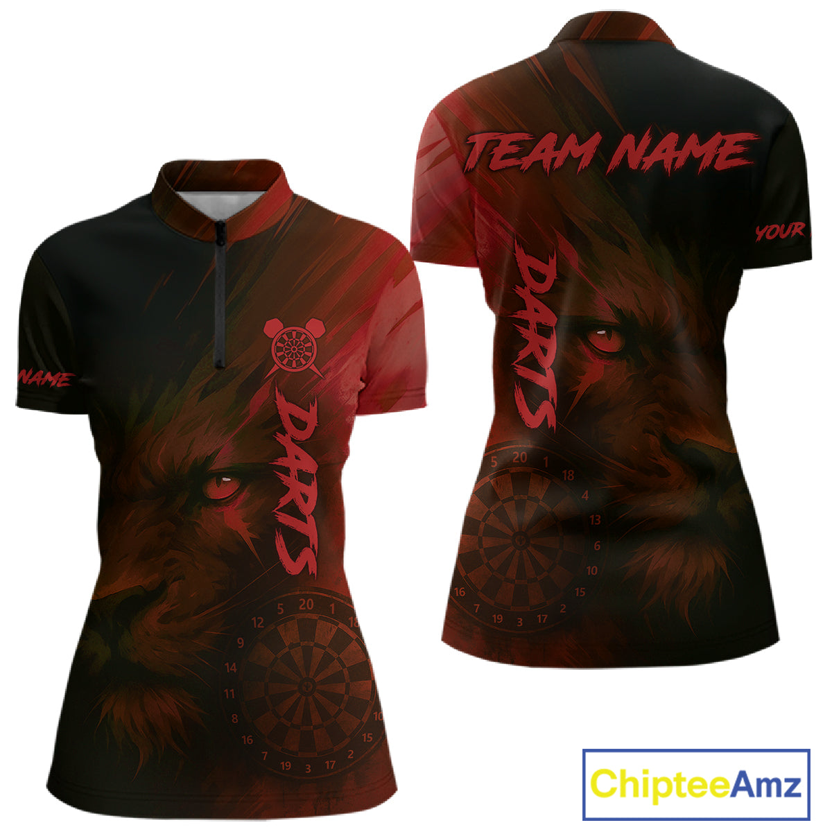 Custom Black-Red Horror Lion Dartboard Dart 1/4-Zip Shirt For Women Grunge Dart Jerseys NYN1413