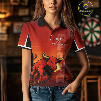 Red Rampage Bull & Cracked Dartboard Women's Darts Shirt - Custom Name For Players NYN0558