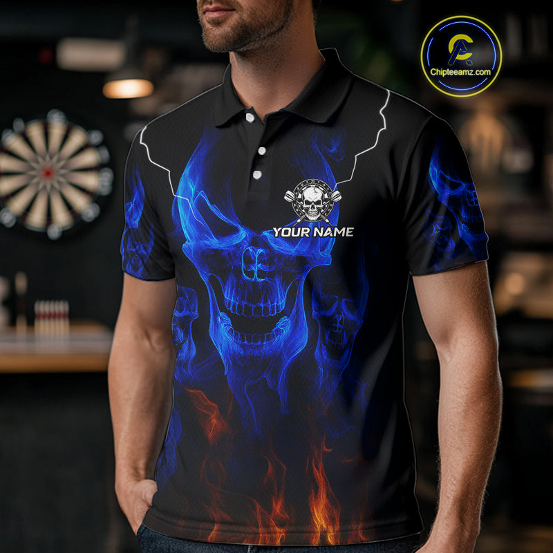 Custom Men's Darts Polo Jersey Flaming Blue Skull Dartboard For Darts Team NYN0773