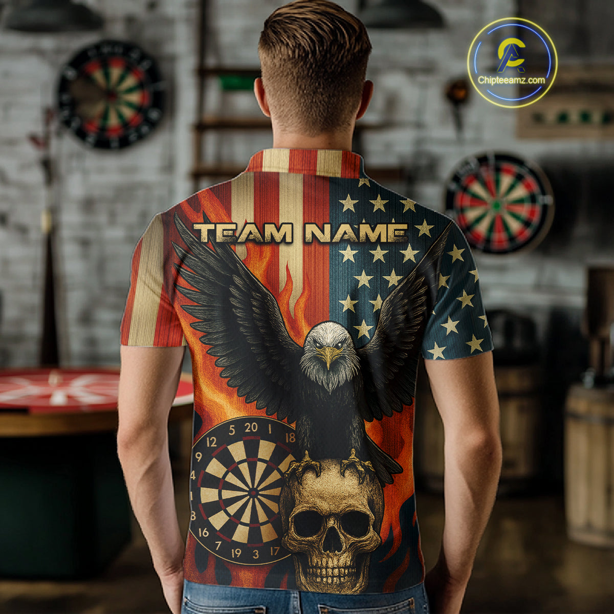 Custom Men's US Flag Patriotic Darts Shirt Flame Eagle Retro Dart Jerseys, Darts Team NYN1128