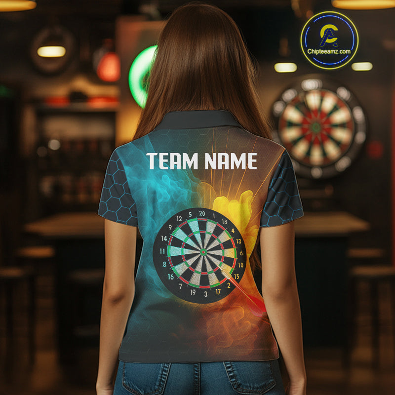 Turquoise & Yellow Smoke Dartboard Darts Shirt For Women - Custom Name & Team Jersey NYN0587