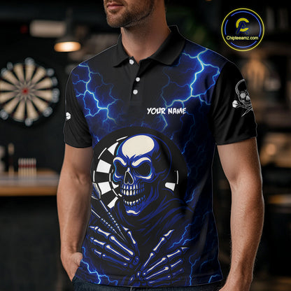 Thunder Lightning Skeleton Dartboard Blue Darts Shirt For Men - Custom Name & Team  NYN0591
