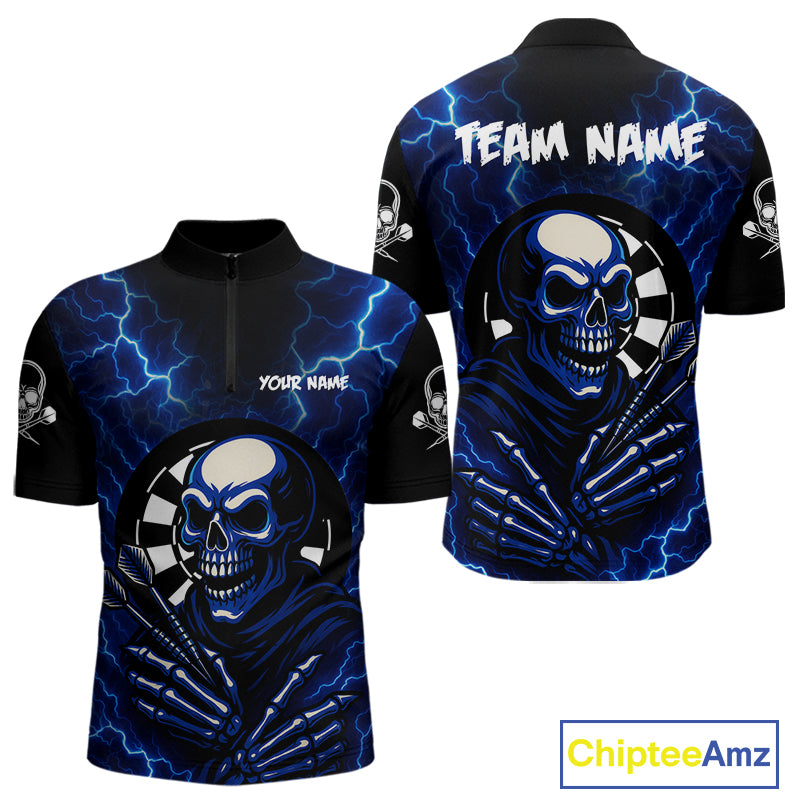 Thunder Lightning Skeleton Dartboard Blue Darts Shirt For Men - Custom Name & Team  NYN0591