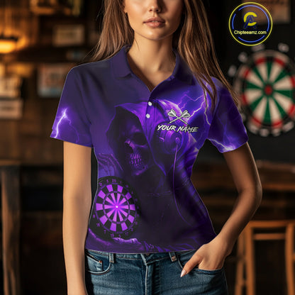 Custom Funny Skull Darts Shirt For Women Personalized Purple Dartboard Dart Team Jerseys NYN1159