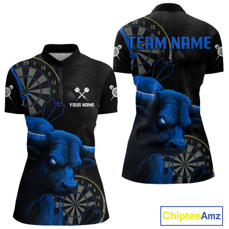 Blue Ferocious Bull Grunge Dartboard Darts Shirt For Women - Custom Name & Team Jersey NYN0610