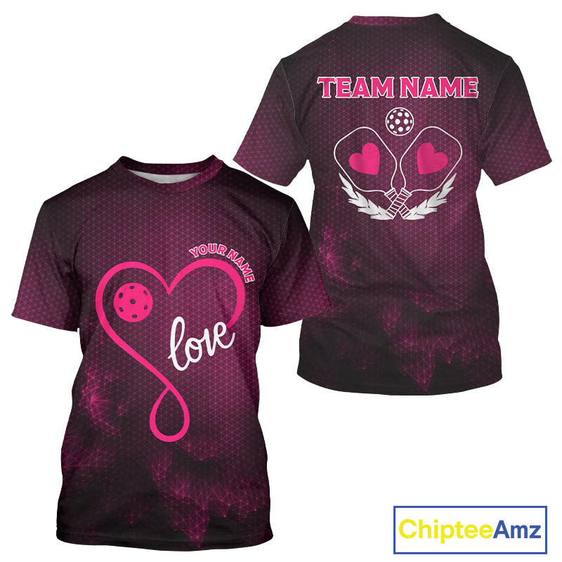 Custom Romantic Pickleball T-Shirt For Men Pink Love Heart Pickleball Couple Shirts NYN1196