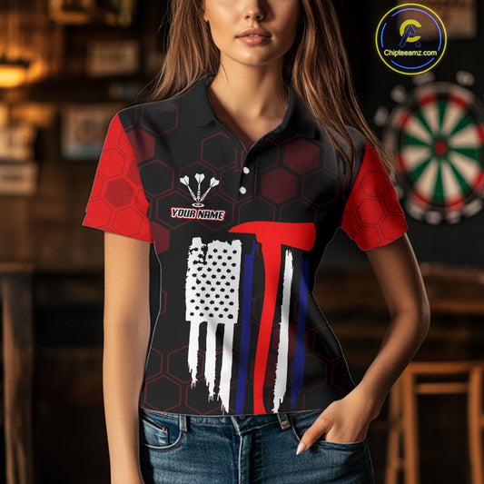 Red Dripping Dartboard & US Flag Women's Darts Polo Shirt - Custom Name For Dart Players NYN0800
