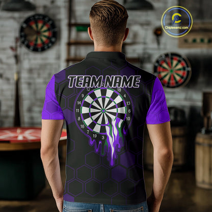 Purple Dripping Dartboard & US Flag Men's Darts Polo Shirt - Custom Name For Dart Players NYN0801