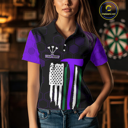 Purple Dripping Dartboard & US Flag Women's Darts Polo Shirt - Custom Name For Dart Players NYN0801