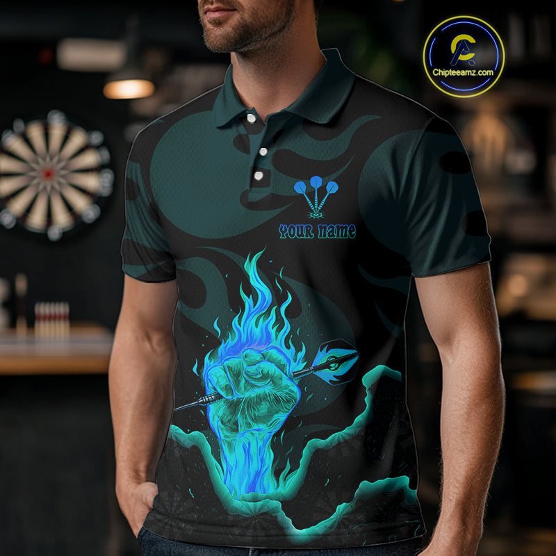 Flaming Hand & Dart Arrow Darts Shirts For Men - Custom Name & Team | Opt3 - Turquoise NYN0641