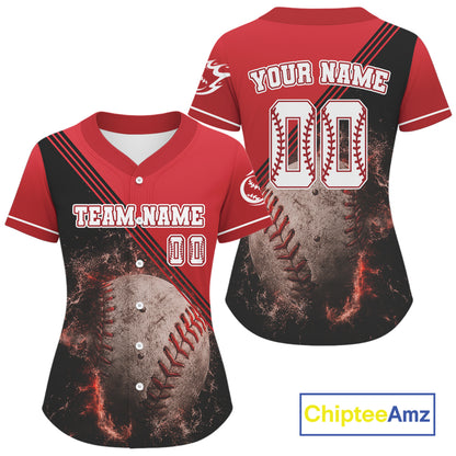 Black And Red Flame Baseball Ball Jersey Personalized Flaming Baseball Shirt For Women NYN0835