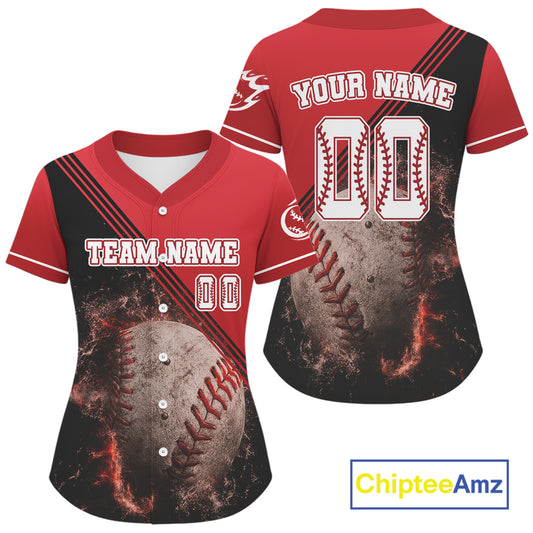 Black And Red Flame Baseball Ball Jersey Personalized Flaming Baseball Shirt For Women NYN0835