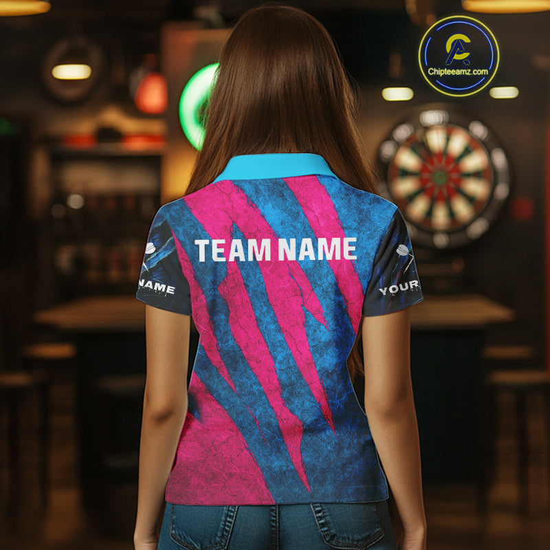 Blue & Pink Claw Scratch Fierce Tiger Darts Shirt For Women - Custom Team Name NYN0377