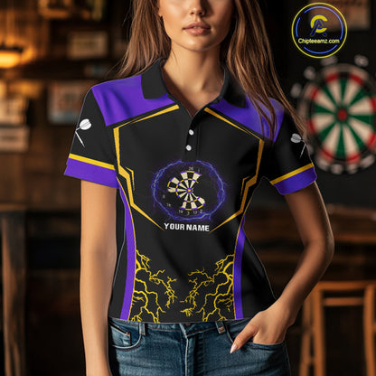 Yellow And Purple Lightning Scratched Dartboard Darts Shirt For Women - Custom Name NYN0383