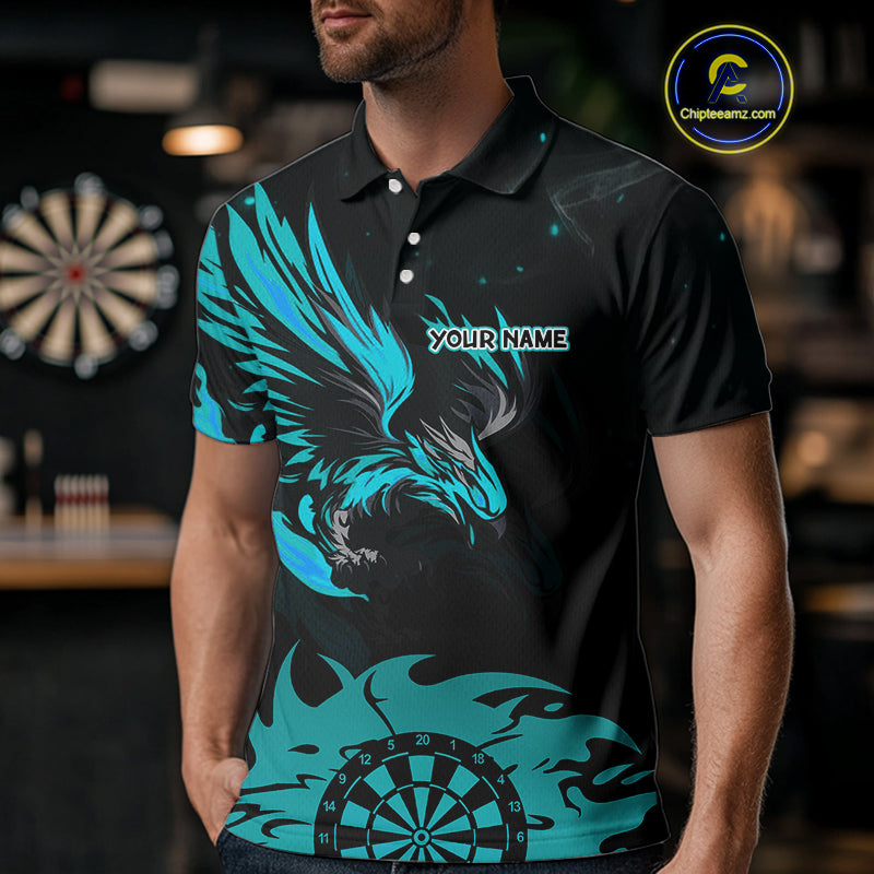 Turquoise Flames Eagle Dartboard Custom Polo Darts Jerseys For Men, Darts Team Shirt Uniform NYN0852