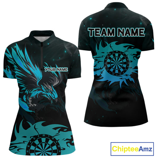 Turquoise Flames Eagle Dartboard Custom 1/4-Zip Darts Jerseys For Women, Darts Team Shirt Uniform NYN0852