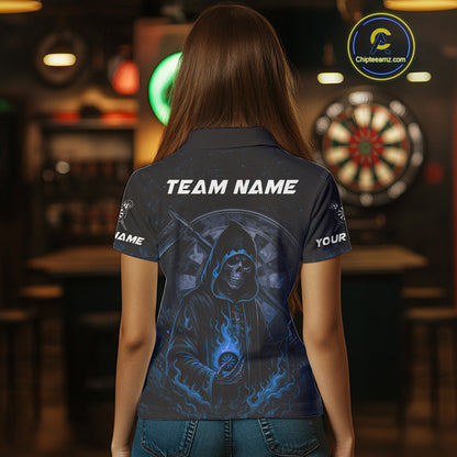 Custom Blue Skull Dartboard Grunge Polo Darts Jerseys For Women, Darts Team Shirt Uniform NYN0870