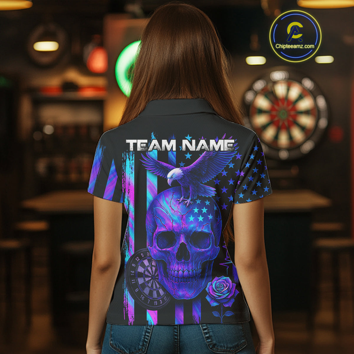 Custom Holographic US Flag Patriotic Darts Shirt For Women Dart Eagle Skull Jerseys NYN1278