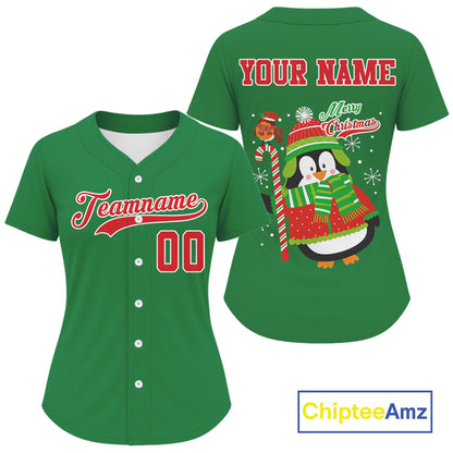 Custom Green Penguin Christmas Women's Baseball Jersey Baseball Gifts For Xmas Holiday NYN1302
