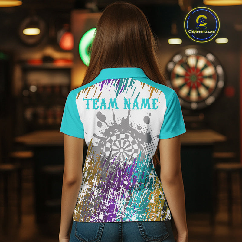 Dartboard Colorful Splashed Women's Darts Shirt - Custom Name For Players | Opt2 - Turquoise NYN0684