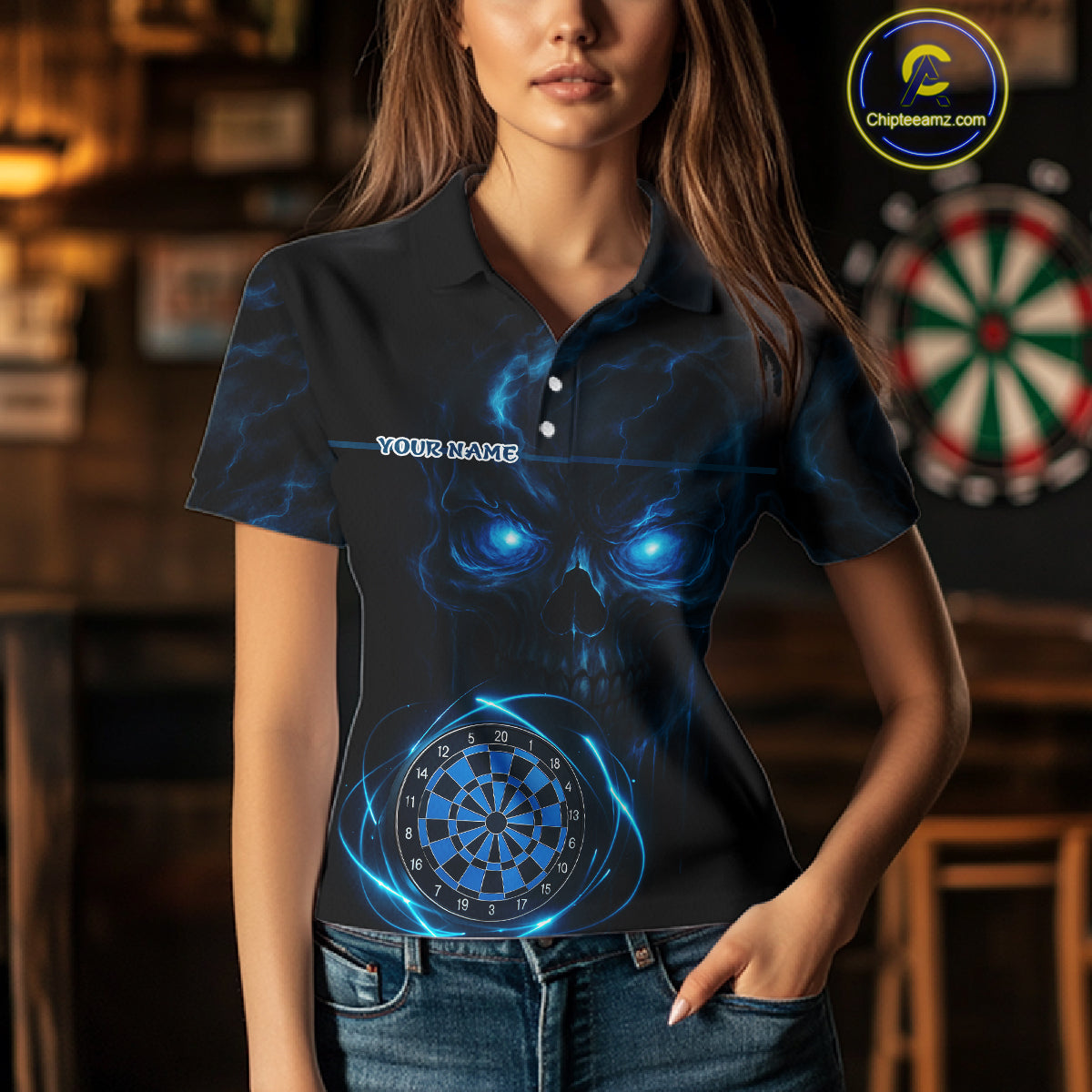 Custom Lightning Blue Skull Dartboard Polo Dart Shirt For Women Outfit Skull Dart Team Jerseys NYN0928