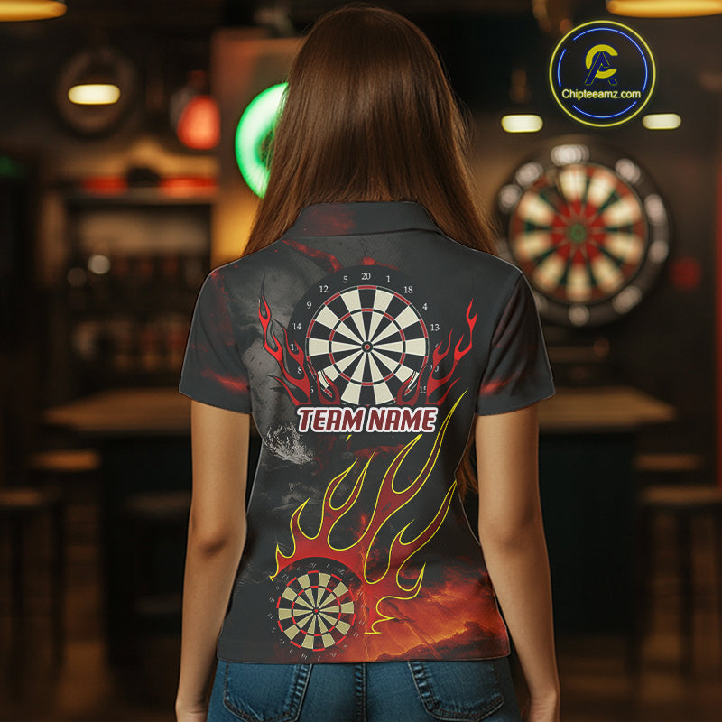 Flaming Dartboard Grunge Custom Red Dart Polo Shirts For Women, Dart Team Jerseys NYN0793