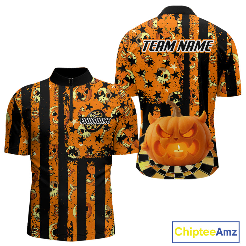 Pumpkin & Dartboard Custom Funny Halloween Dart 1/4-Zip Shirts For Men, Dart Team Jerseys NYN0805