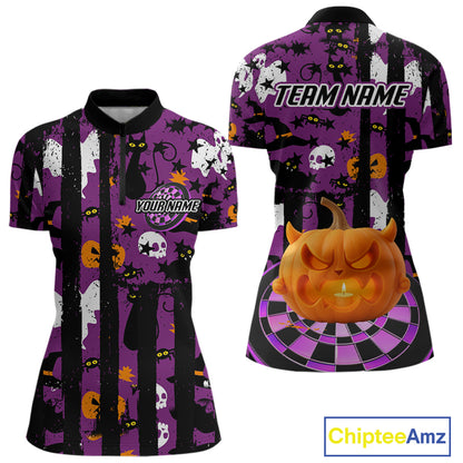 Pumpkin & Dartboard Custom Funny Halloween Dart 1/4-Zip Shirts For Women, Dart Team Jerseys NYN0806