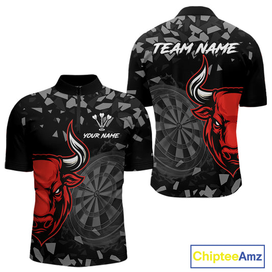 Bull & Dartboard Custom Grunge Men's Darts Quarter-zip Shirt - Red Darts Team Jersey NYN0716