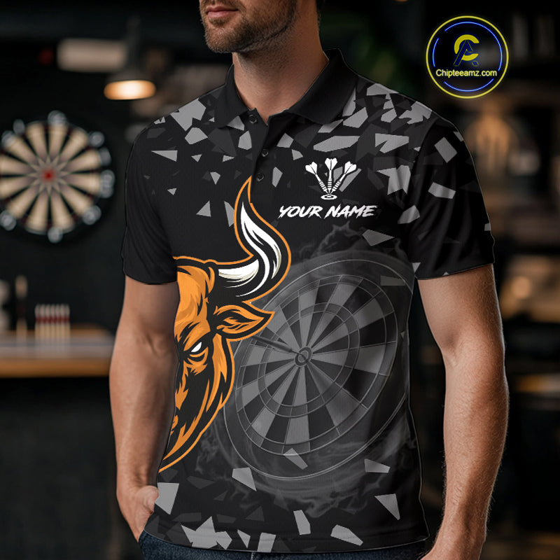 Bull & Dartboard Custom Grunge Men's Darts Polo Shirt - Orange Darts Team Jersey NYN0717