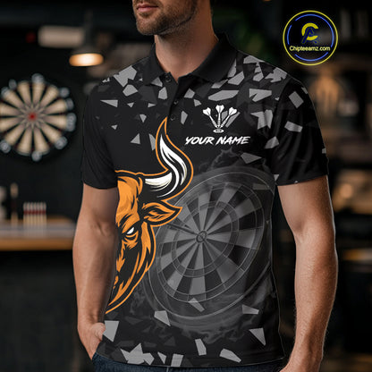 Bull & Dartboard Custom Grunge Men's Darts Polo Shirt - Orange Darts Team Jersey NYN0717