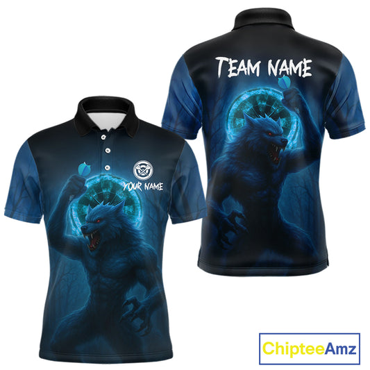 Men's Custom Dart Shirt With Blue Wolf, Red Eyes And Lightning Dartboard NYN0251