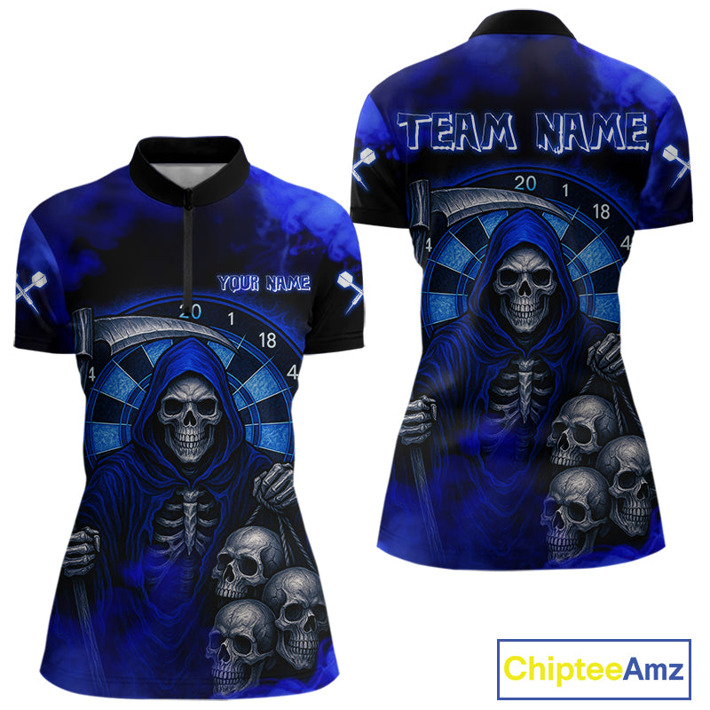 Grim Reaper With Skulls Navy Smoke Women's Darts Team Shirt - Custom Name For Players NYN0501