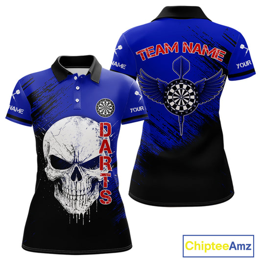 Blue Black Wings Darts And Skull Women's Darts Team Shirt - Custom Name For Players NYN0505