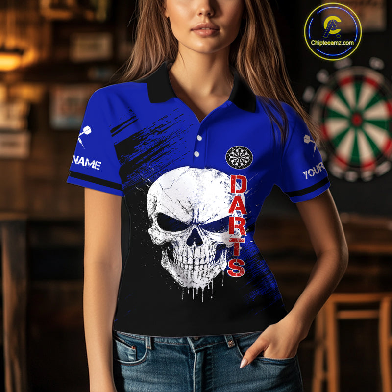 Blue Black Wings Darts And Skull Women's Darts Team Shirt - Custom Name For Players NYN0505