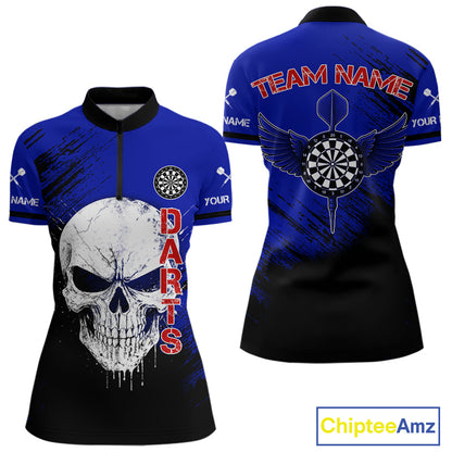 Blue Black Wings Darts And Skull Women's Darts Team Shirt - Custom Name For Players NYN0505