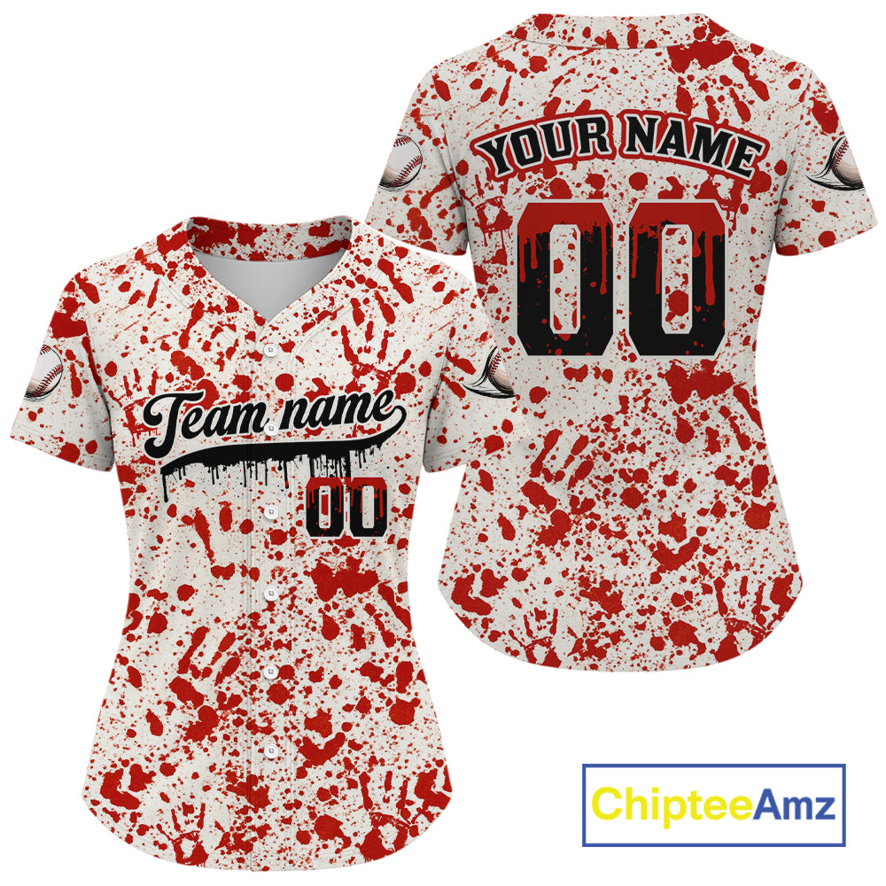 Custom Red Blood Halloween Baseball Shirt For Women Creepy Baseball Tournament Jerseys NYN1387